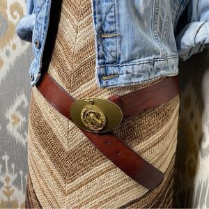 Ralph Lauren Made in England Vintage Brass Horse Head Crown Buckle Leather Belt